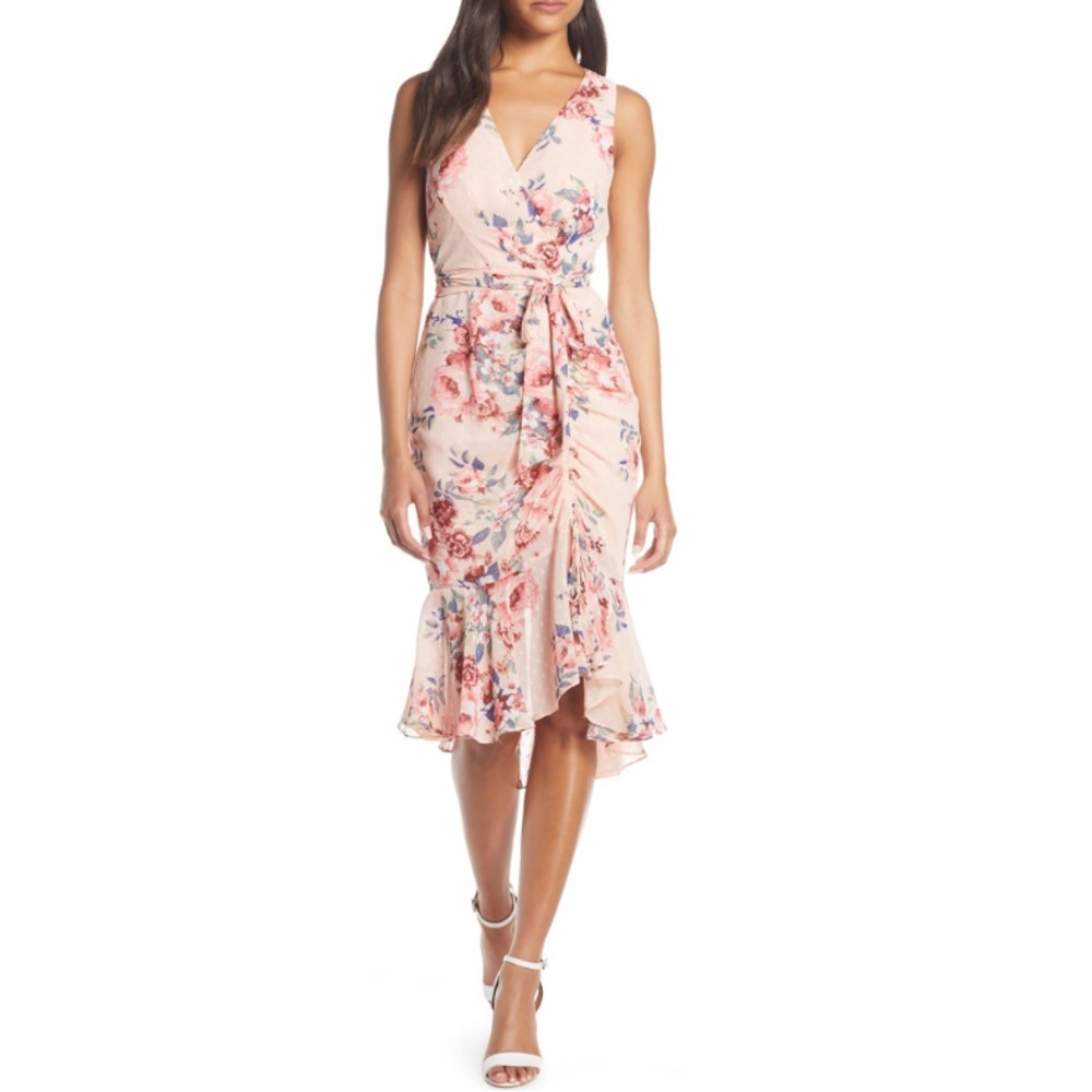 Eliza J Floral Ruched Faux Wrap Midi Dress
